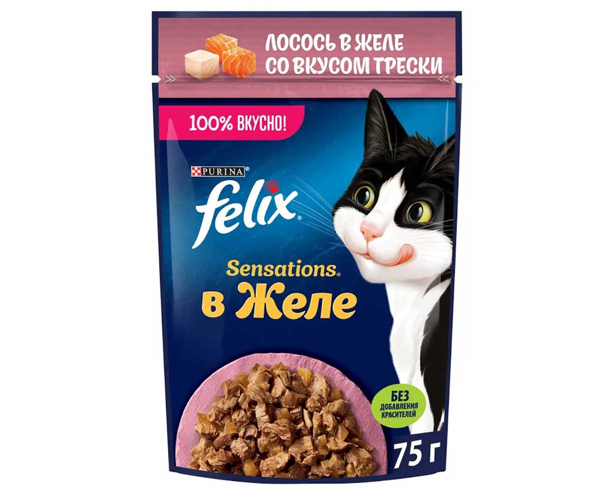 Влажный Корм Felix (Феликс) Для Кошек Лосось и Треска в Желе Sensation Паучи 75г 26шт в Блоке (1*1)