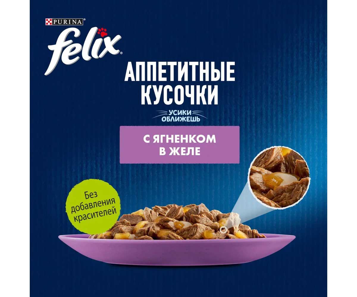Влажный Корм Felix (Феликс) Для Кошек Ягненок в Желе Аппетитные Кусочки Паучи 75г 26шт в Блоке (1*1)