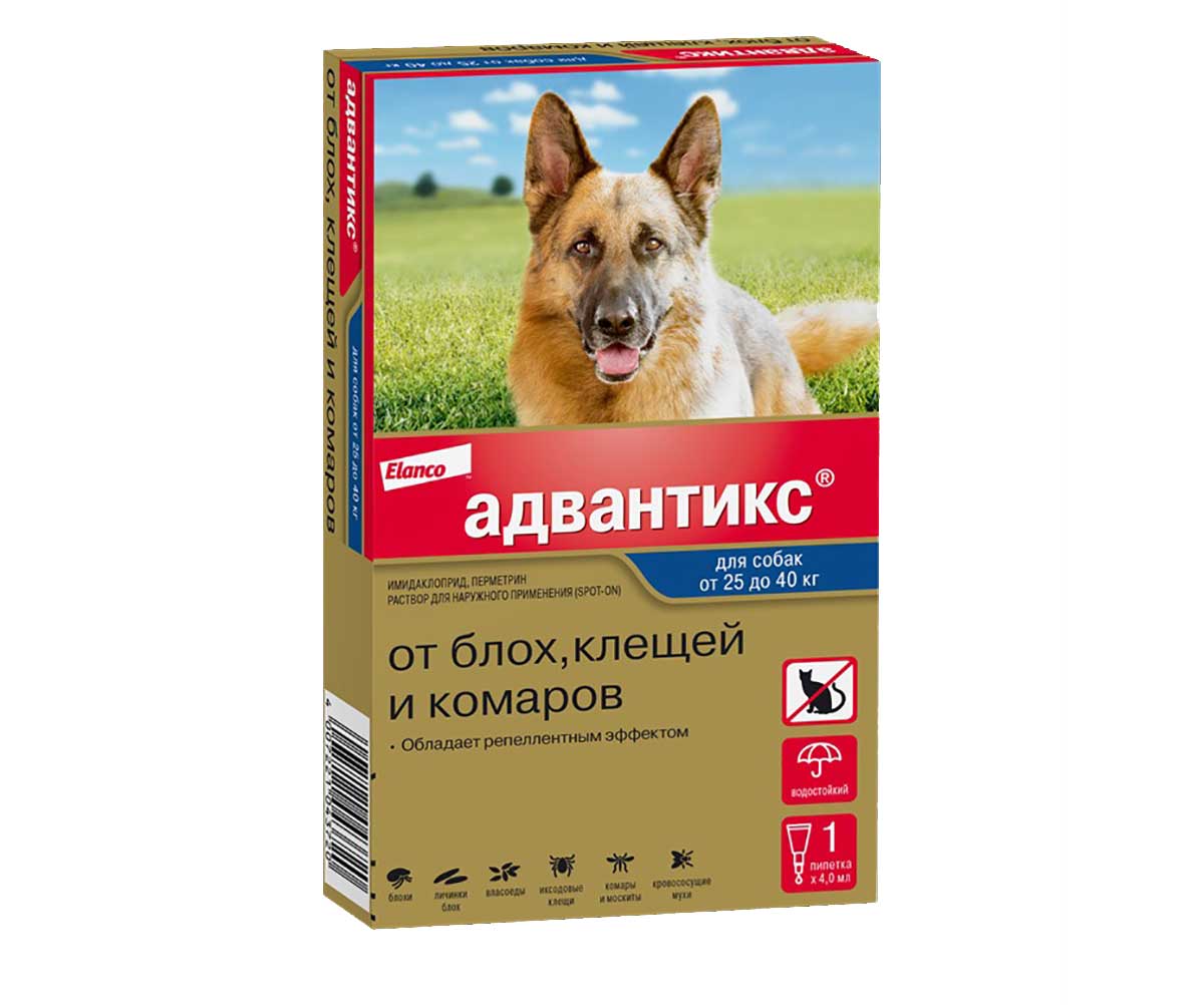 Капли Адвантикс Для Собак 25-40кг 4мл 1-Пипетка От Блох Клещей