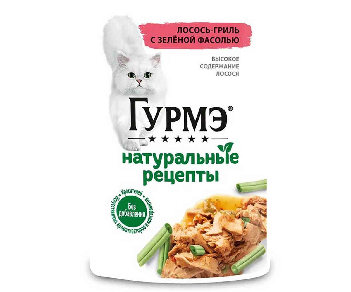 Влажный Корм Гурмэ Для Кошек Натуральные Рецепты Лосось и Зеленая Фасоль 26 Шт В Блоке 75г (1*1)