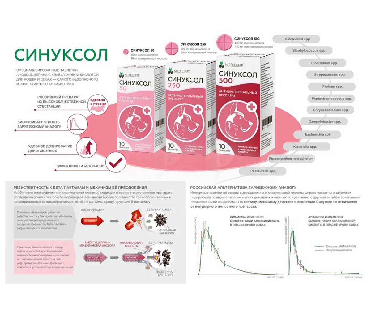 Синуксол 50мг Таблетки Для Собак и Кошек Для Лечения Инфекционных Заболеваний Бактериальной Этиологии 10т