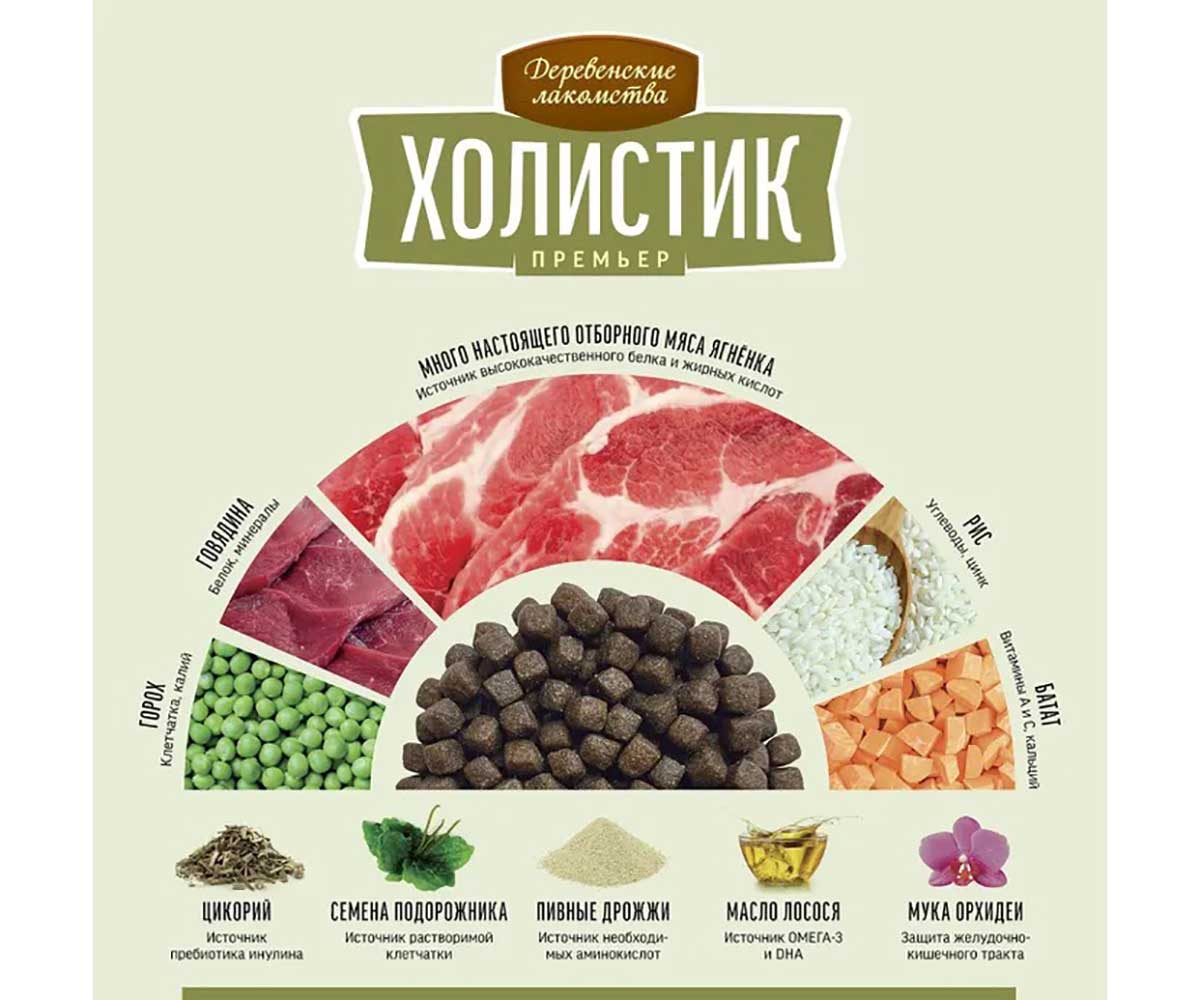 Сухой Корм Деревенские Лакомства Для Собак Мелких Пород Ягненок и Рис Холистик Премьер 1кг 79213331