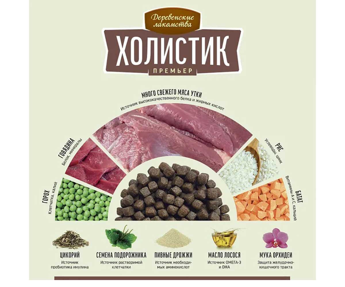 Сухой Корм Деревенские Лакомства Для Собак Мелких Пород Утка и Рис Холистик Премьер 3кг 79213300