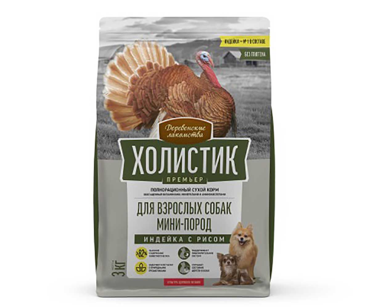 Сухой Корм Деревенские Лакомства Сухой Для Собак Мелких Пород Индейка и Рис Холистик Премьер 3кг 79213263