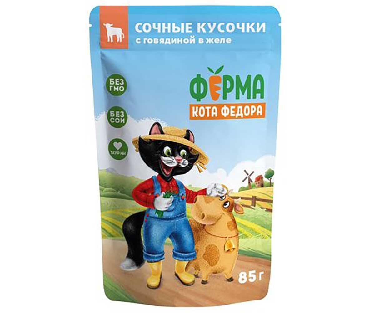 Влажный Корм Ферма Кота Фёдора Для Кошек Говядина Сочные Кусочки 85г