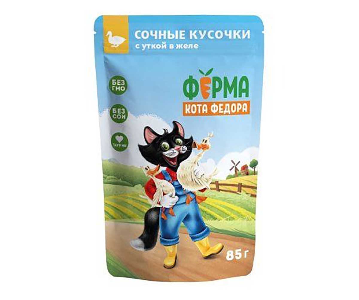 Влажный Корм Ферма Кота Фёдора Для Кошек Утка Сочные Кусочки в Желе 85г