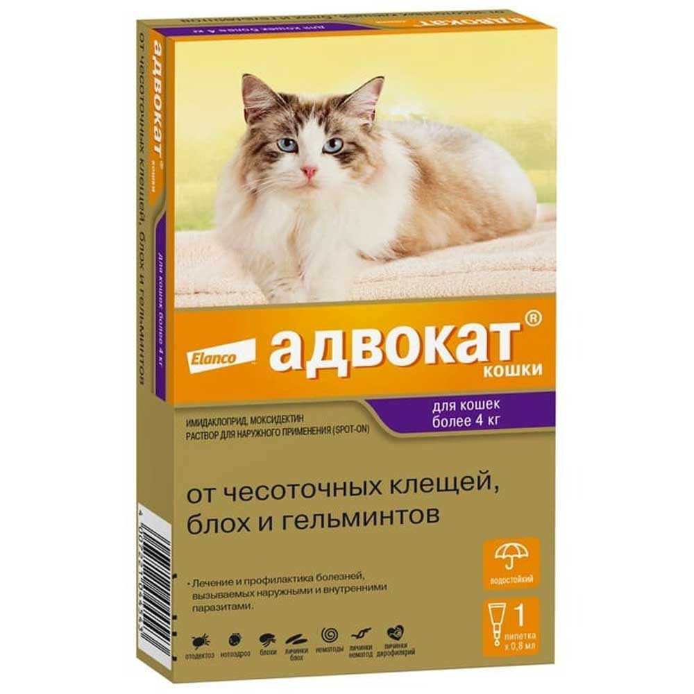 Адвокат Капли Для Кошек 4-8кг От Чесоточных Клещей, Блох и Гельминтов 0,8мл 1-Пипетка На Холку Elanco (Эланко)