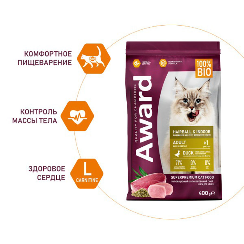 Сухой Корм Award (Эвард) Hairbal & Indor Для Домашних Кошек Для Вывода Шерсти Утка и Идейка 400г