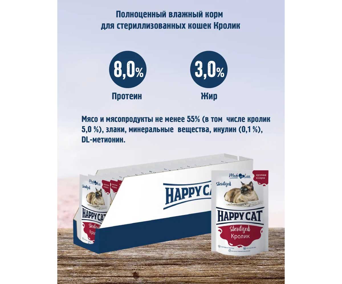 Влажный Корм Happy Cat (Хэппи Кэт) Для Стерилизованных Кошек 85г Кролик Кусочки в Соусе 7504217