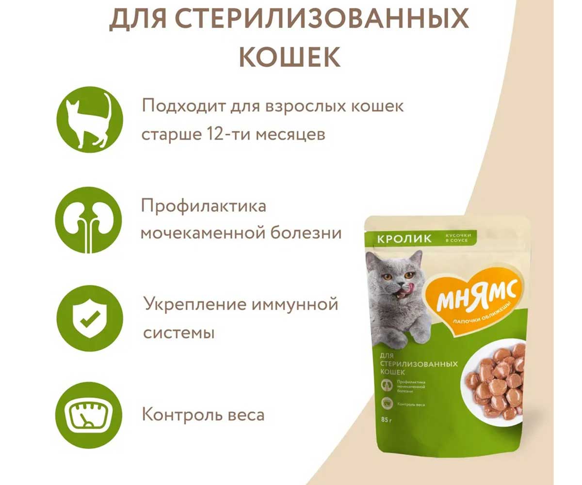 Влажный Корм Мнямс Для Стерилизованных Кошек Кролик Кусочки в Соусе 85г