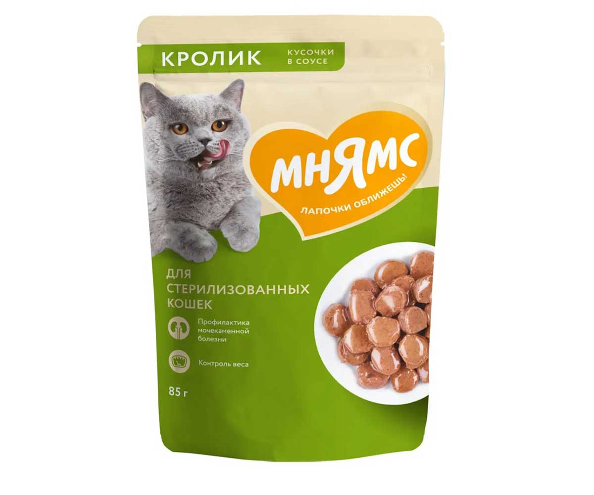 Влажный Корм Мнямс Для Стерилизованных Кошек Кролик Кусочки в Соусе 85г