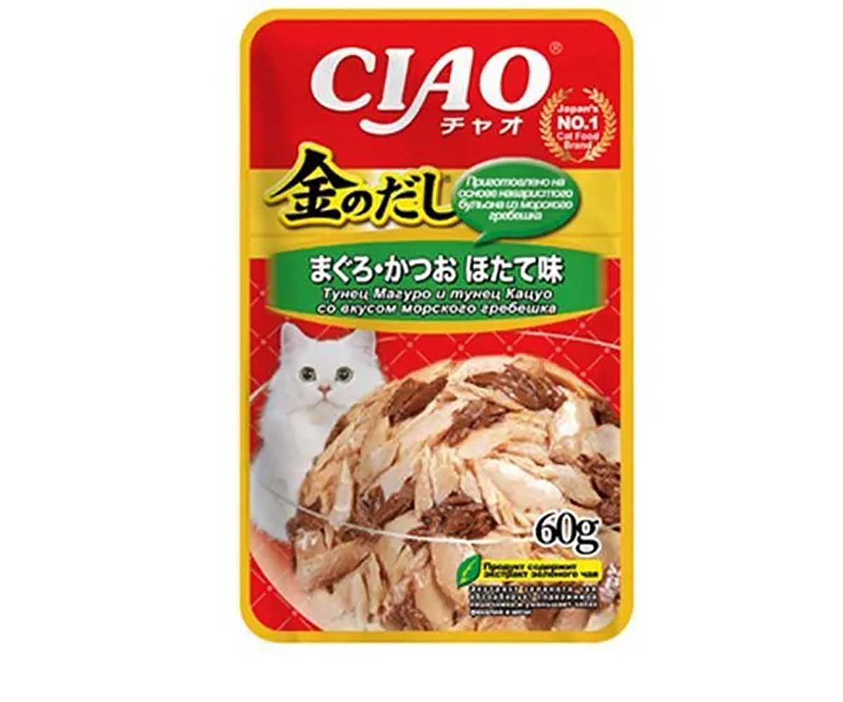Влажный Корм Inaba (Инаба) Kinnodashi Для Кошек Тунец Магуро, Кацуо и Гребешок в Желе 60г (1*12)