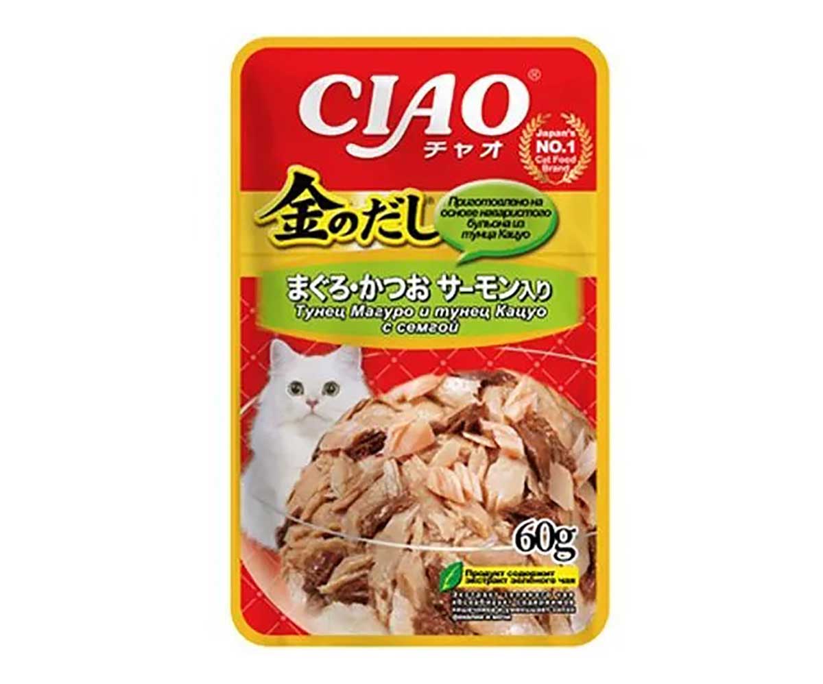Влажный Корм Inaba (Инаба) Kinnodashi Для Кошек Тунец Магуро, Кацуо и Семга в Желе 60г (1*12)