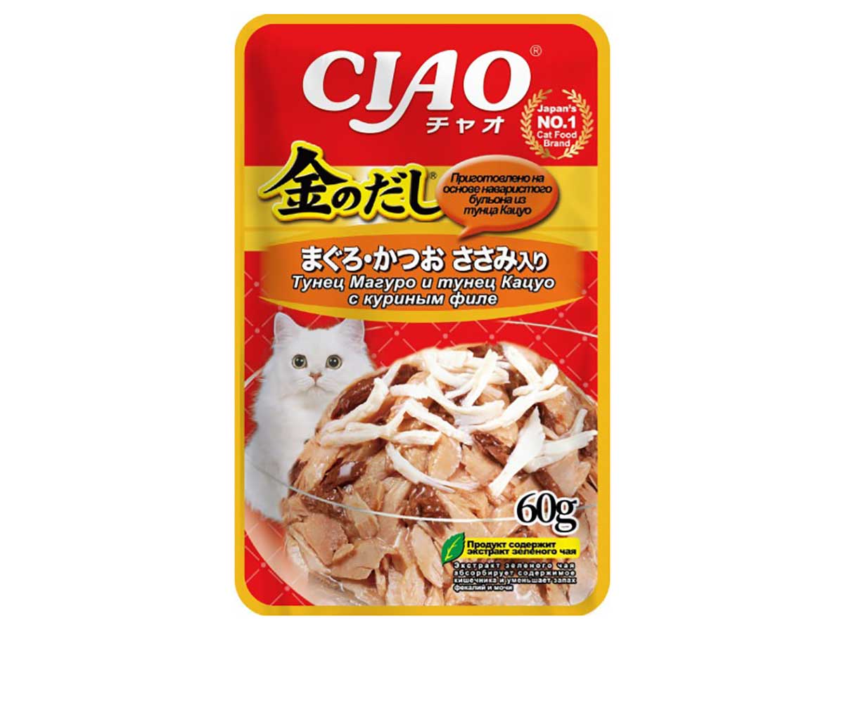 Влажный Корм Inaba (Инаба) Kinnodashi Для Кошек Тунец Магуро, Кацуо и Куриное Филе в Желе 60г (1*12)