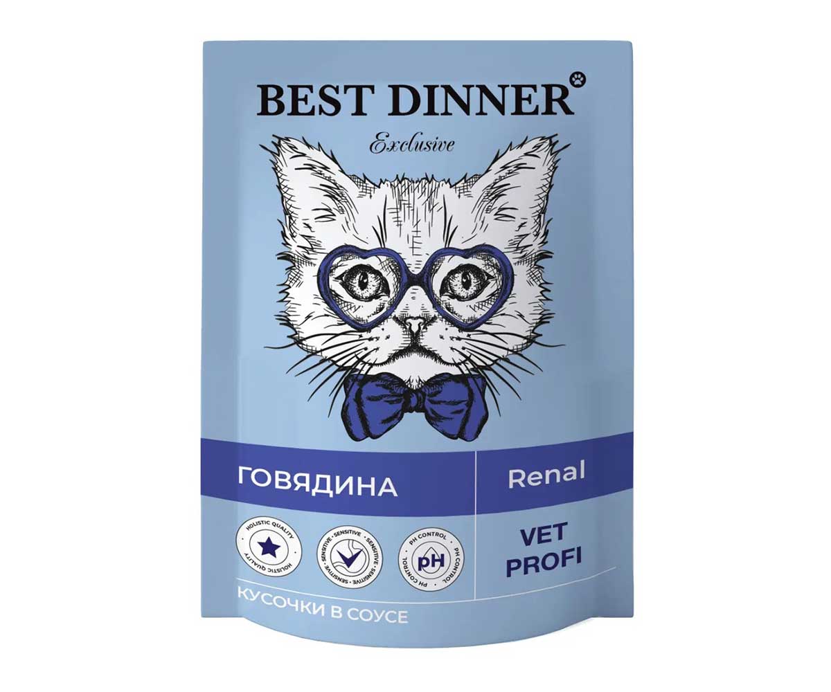 Влажный Корм Best Dinner (Бест Диннер) Для Кошек Профилактика Заболеваний Почек Говядина Кусочки в Соусе Exclusive Renal 85г 7445