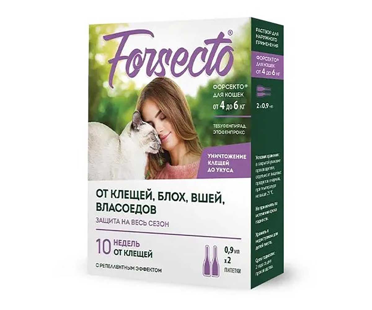Капли Forsecto (Форсекто) Для Кошек От 4 До 6кг Против Клещей и Блох 0,9мл