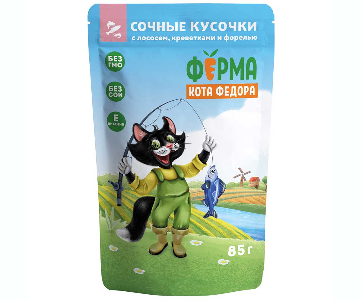 Влажный Корм Ферма Кота Фёдора Для Кошек  Лосось, Креветки и Форель Рыбные Кусочки 85г
