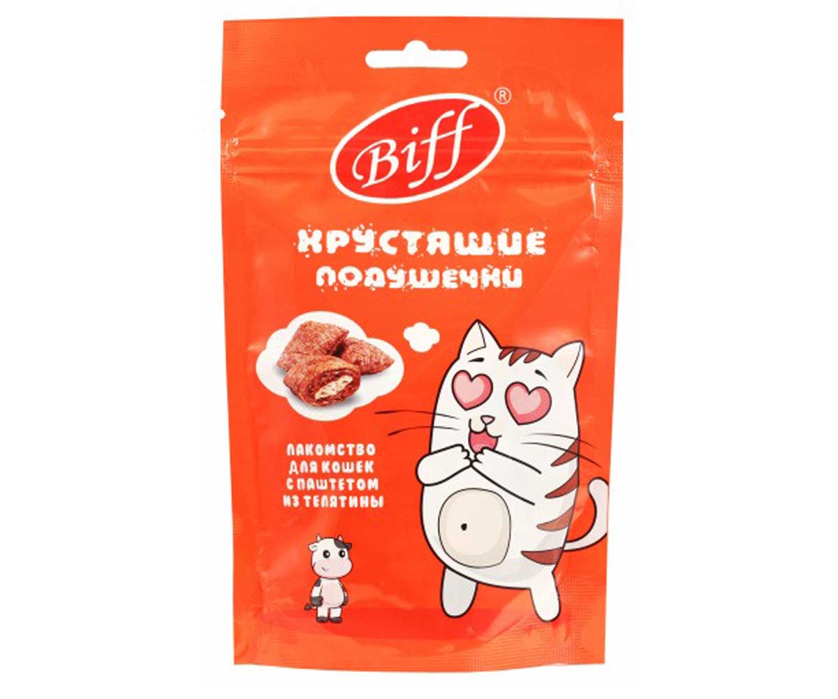 Лакомство Biff (Бифф) Для Кошек Хрустящие Подушечки с Паштетом Из Телятины 60г 026687