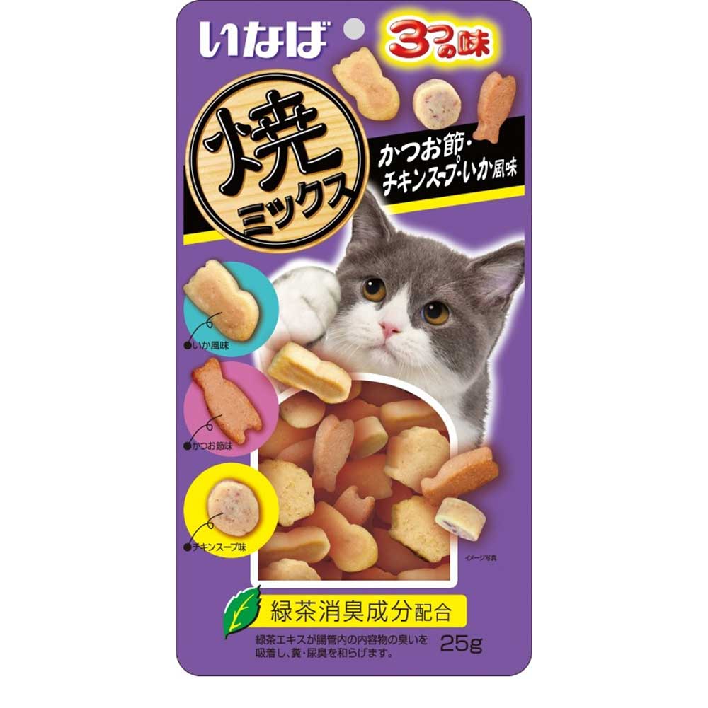 Лакомство Inaba (Инаба) Yakimiksu Для Кошек Ассорти Кацуобуси, Куриного Бульона и Кальмара 25г