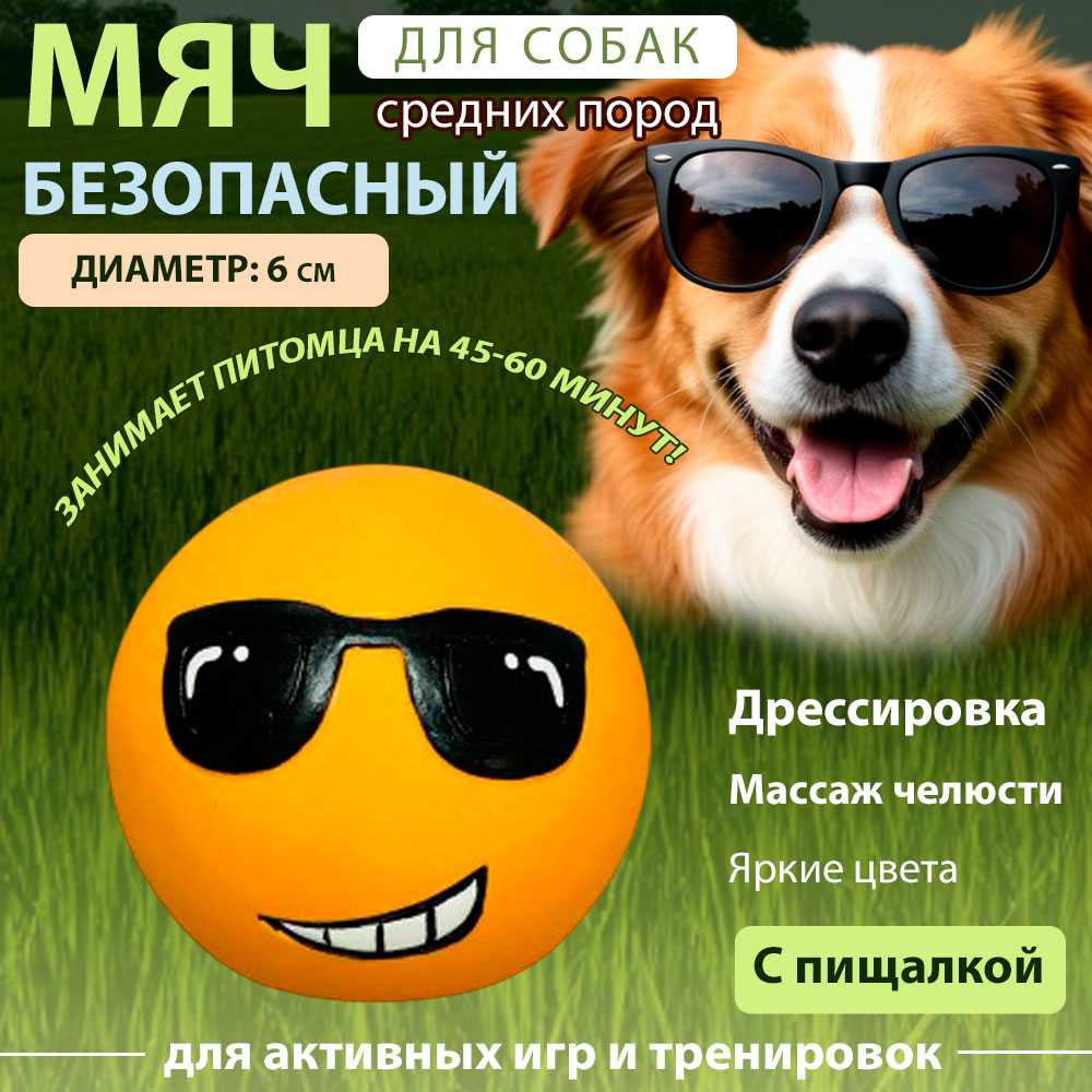 Игрушка №1 Мячик-Смайлик в Очках Оранжевый с Пищалкой, Латекс, 6см Лс309