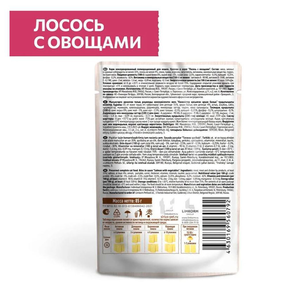 Влажный Корм Sirius (Сириус) Для Кошек Лосось и Морковь 24*1 85гр