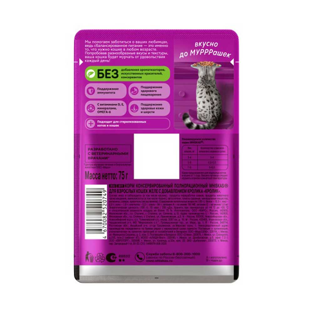 Влажный Корм Для Кошек Whiskas (Вискас) в Желе Кролик 75г