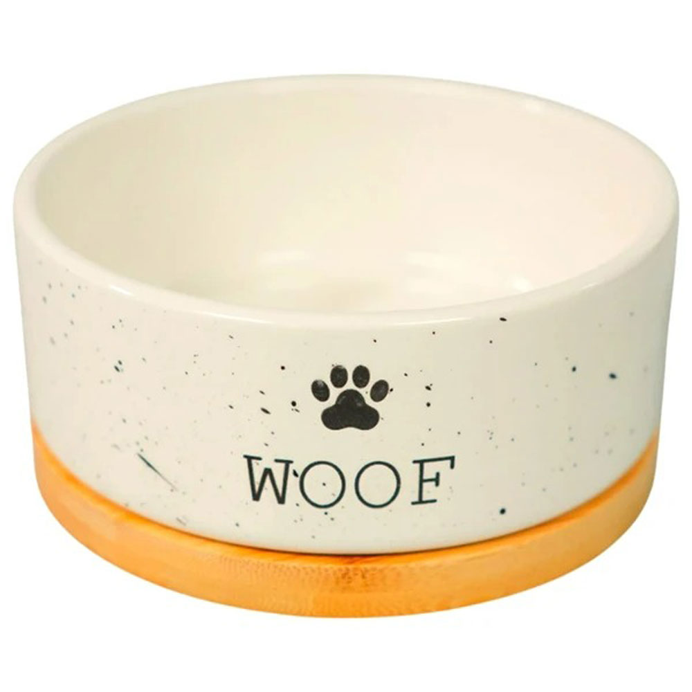 Миска Mr Kranch (Мистер Кранч) Bamboo Woof Керамическая Белая На Бамбуковой Подставке 860мл