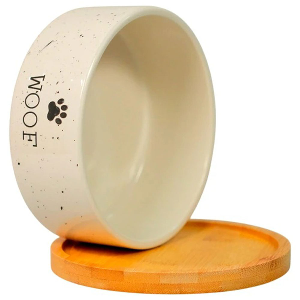 Миска Mr Kranch (Мистер Кранч) Bamboo Woof Керамическая Белая На Бамбуковой Подставке 860мл