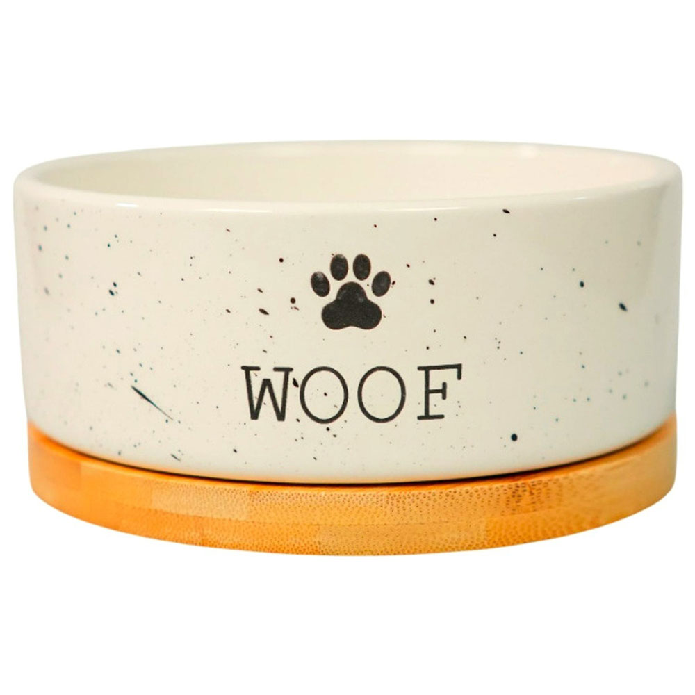 Миска Mr Kranch (Мистер Кранч) Bamboo Woof Керамическая Белая На Бамбуковой Подставке 860мл