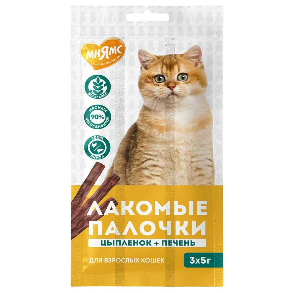 Лакомство Мнямс Для Кошек Лакомые Палочки Цыпленок и Печень 5г*3