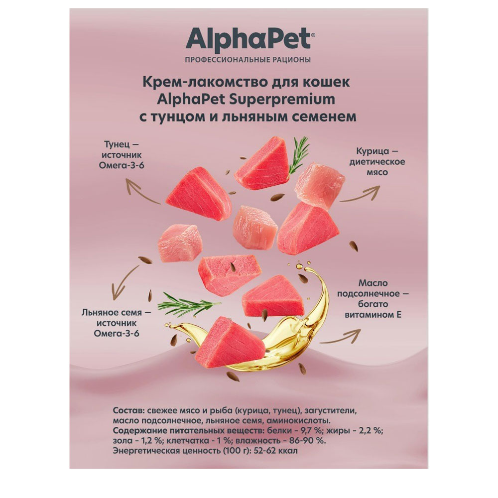 Лакомство Alphapet (Альфапет) Superpremium Для Кошек Крем Тунец и Льняное Семя 48г
