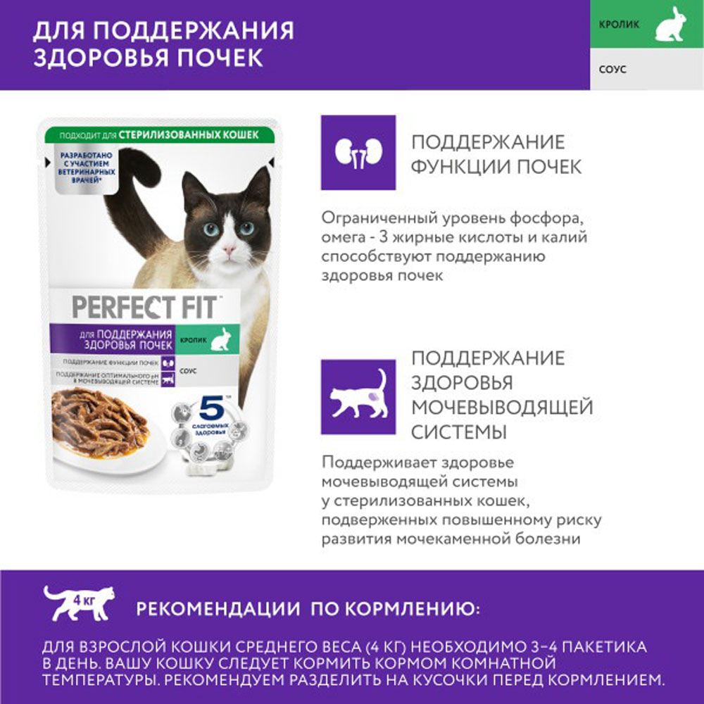 Влажный Корм  Perfect Fit (Перфект Фит) Для Кошек Здоровые Почки Кролик в Соусе 75г 1*28
