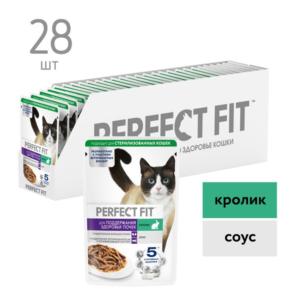 Влажный Корм  Perfect Fit (Перфект Фит) Для Кошек Здоровые Почки Кролик в Соусе 75г 1*28