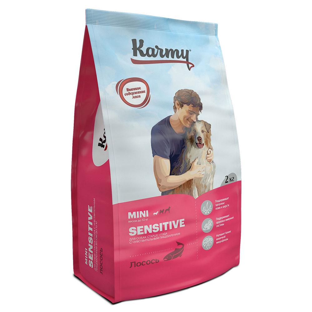 Сухой Корм Karmy (Карми) Для Собак Мелких Пород с Чувствительным Пищеварением Лосось Sensitive Mini Adult 2кг Н