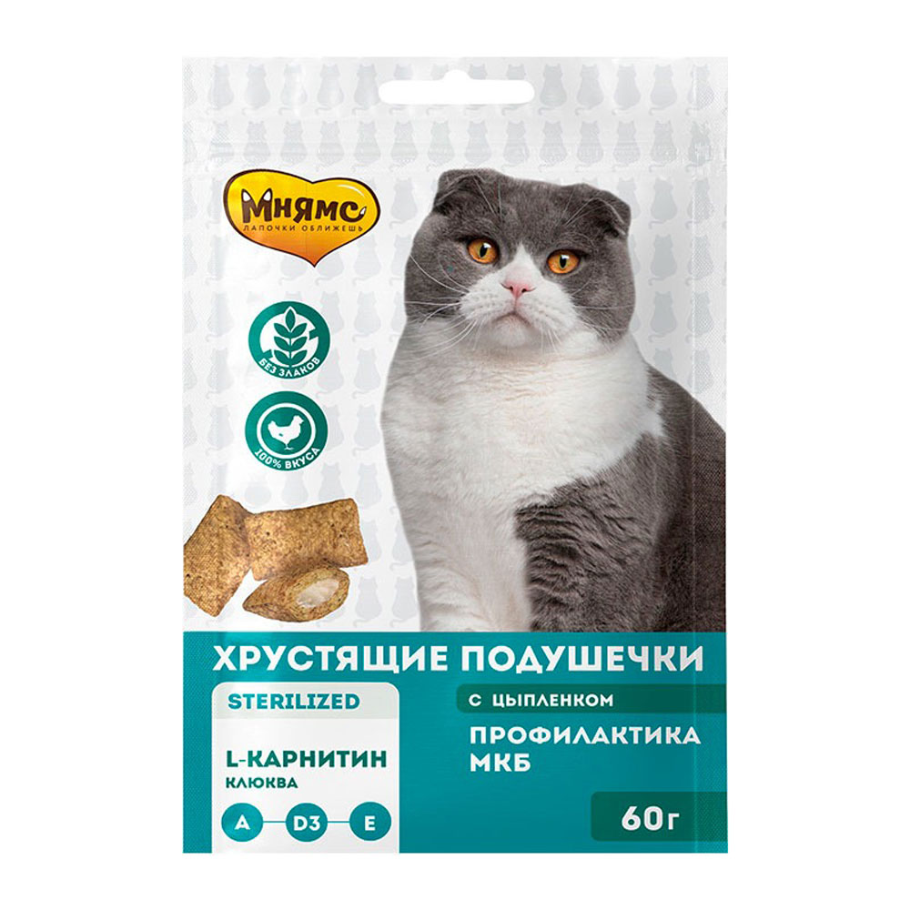 Лакомство Мнямс Для Стерилизованных Кошек Подушечки Хрустщие Цыпленок и Клюква Профилактика МКБ 60г