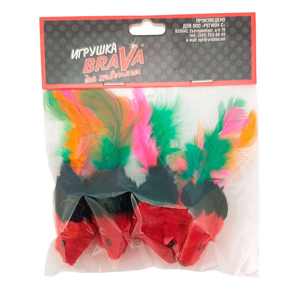 Игрушка Для Кошек Brava (Брава) Мышь Цветная С Пером 5см 4шт Натуральный Мех Кролика 5108