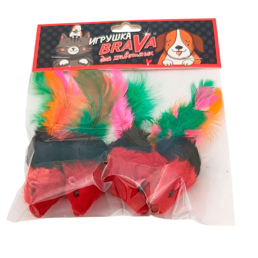 Игрушка Для Кошек Brava (Брава) Мышь Цветная С Пером 5см 4шт Натуральный Мех Кролика 5108