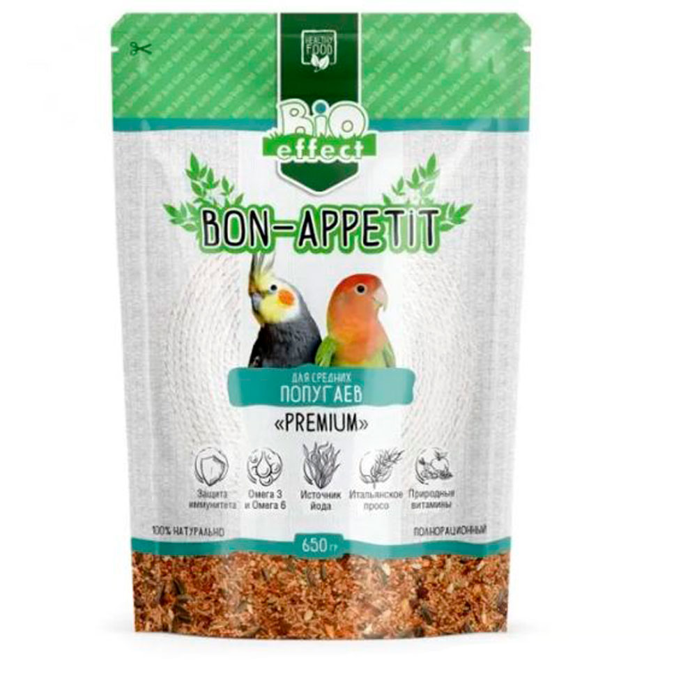 Корм для Птиц Био Эффект Bon Appetit (Бон Аппетит) Premium Полнорационный Для Средних Попугаев Линька  650г