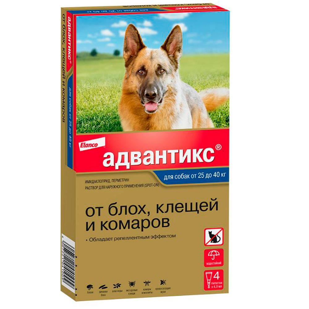 Адвантикс Капли На Холку От Клещей и Блох Для Собак 25-40кг 4мл Упаковка 4 Пипетки(Чв)