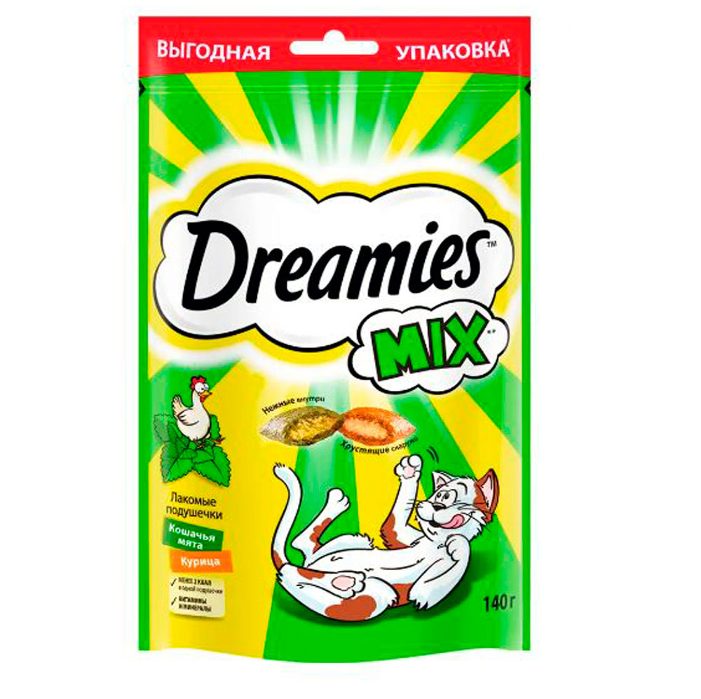 Лакомство Для Кошек Dreamies (Дримис) Лакомые Подушечки Курица и Мята 140г