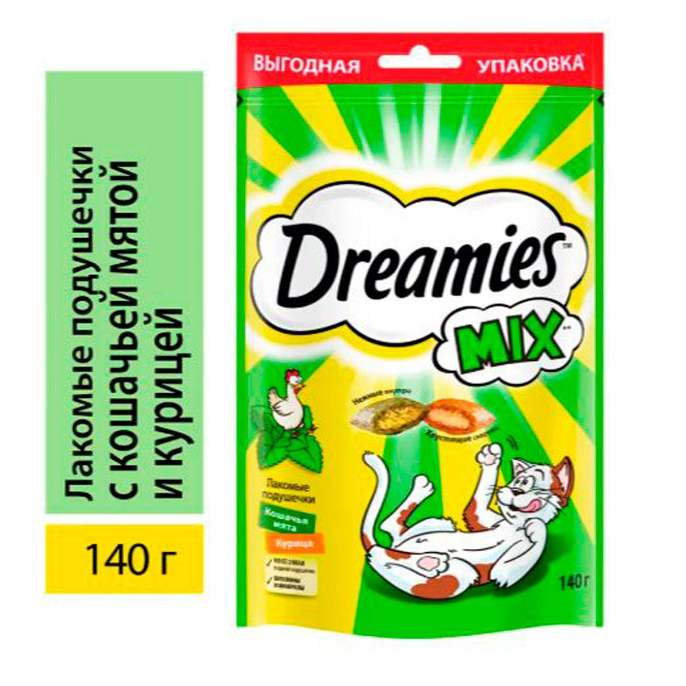 Лакомство Для Кошек Dreamies (Дримис) Лакомые Подушечки Курица и Мята 140г