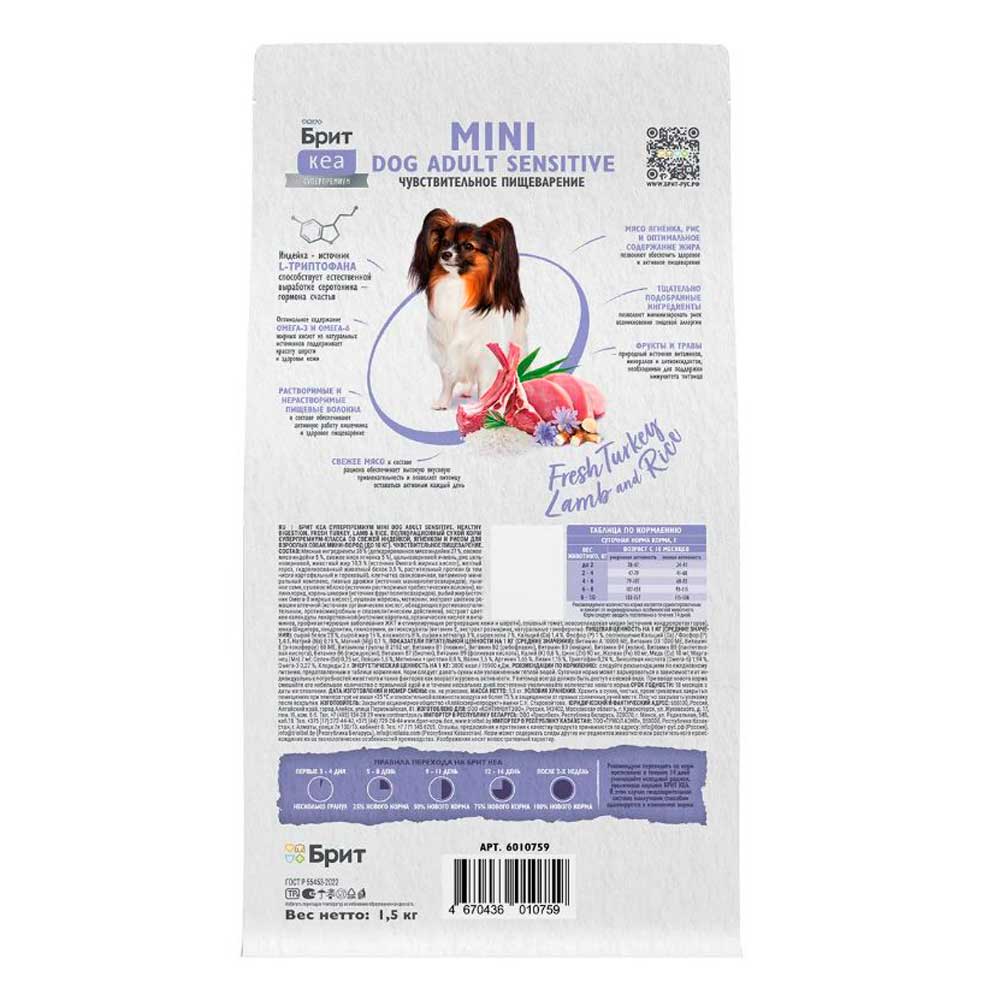 Корм Сухой Брит Кеа Mini Dog Adult Sensitive Healthy Degistion Для Собак Миниатюрных Пород Индейка, Ягненок и Рис  1,5кг  6010759