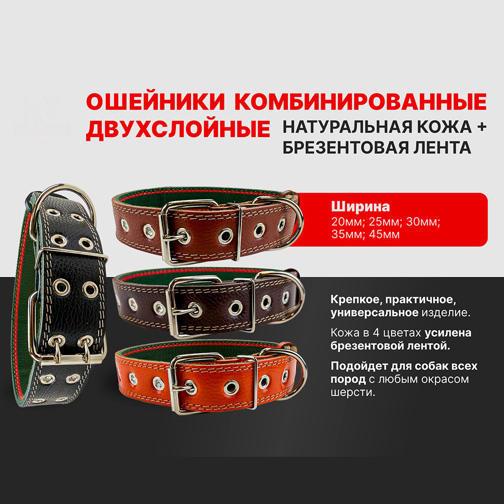Ошейник Для Собак Мелких и Средних Пород Brava (Брава) №25 Комбинированный Кожа и Брезент ОШ 34-50см Арт053